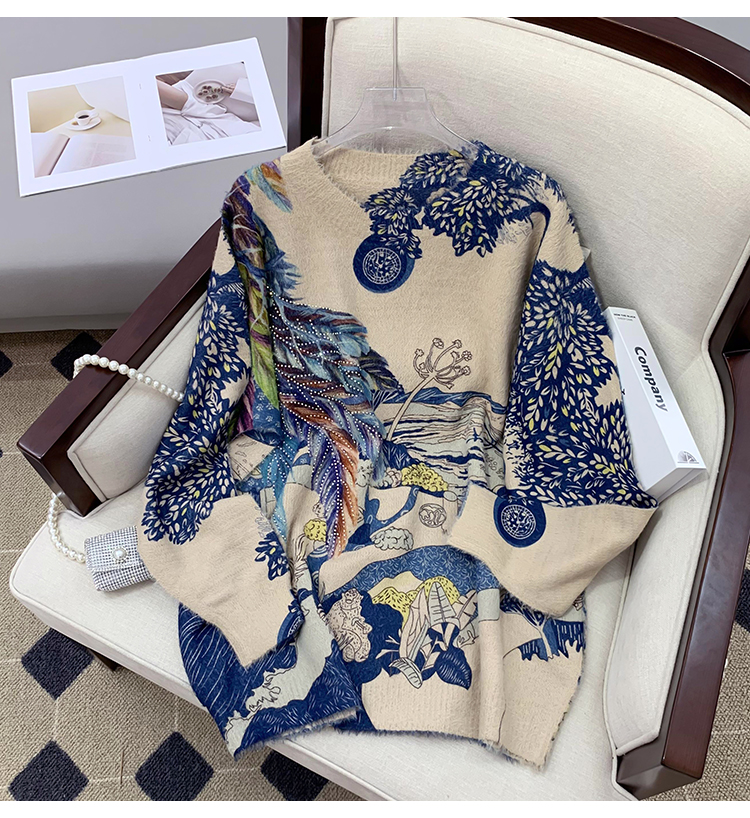 

Plus Size Women's Loose Casual Sweaters Vintage Printed 2022 Designer Runway Fashion Ladies Long Sleeve Diamond Knitting Tops Round Neck European Pullovers Clothes, Multi