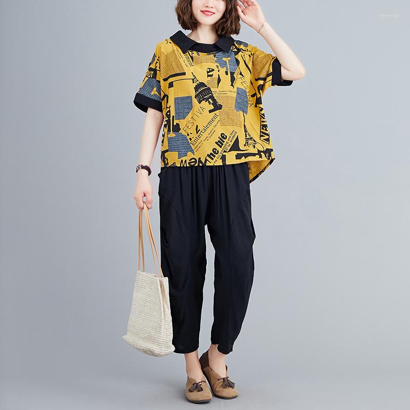 

Women's Two Piece Pants 2022 Arrival Print Letter Vintage Women Clothes Sets Loose Tops Harem 2 Lady Summer Casual Fashion Suit, Black