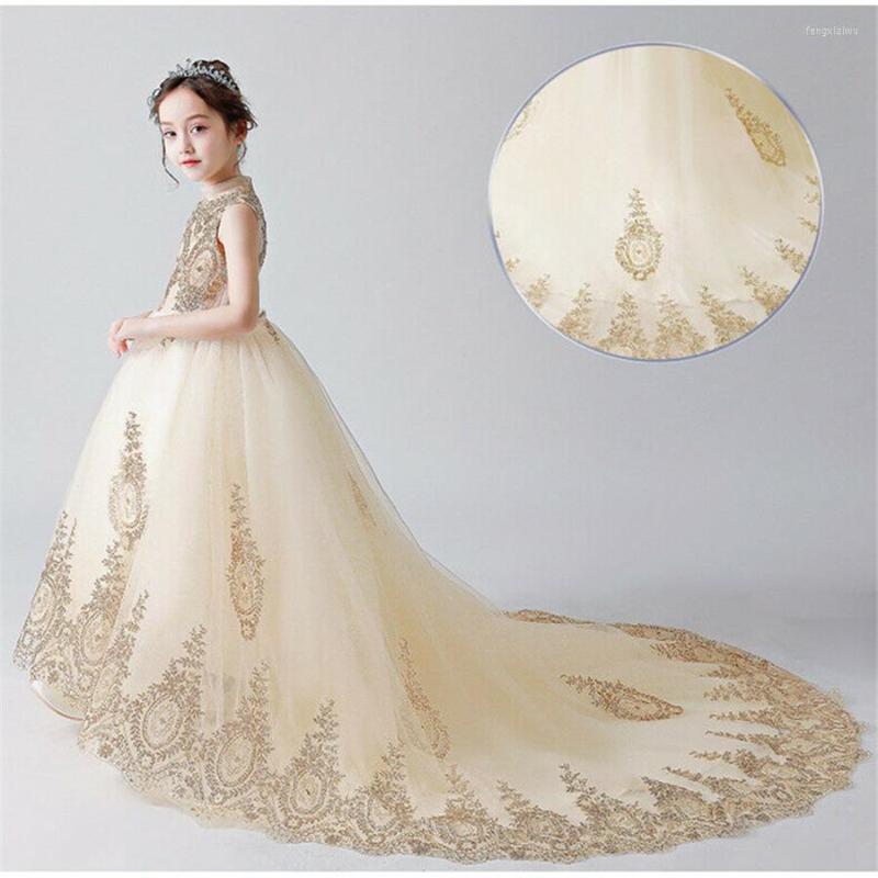 

Girl Dresses Gold Sequined High Low Flower For Wedding Lace Sleeveless Tulle Pageant Gowns Appliqued Ball Gown Custom Made, White