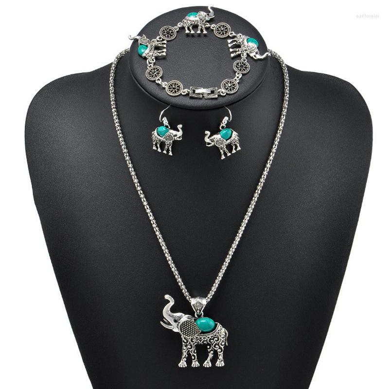 

Necklace Earrings Set Crystal Earring Bracelet For Women Vintage Elephant Pendant Bracelets Jewellery Gift, Picture shown