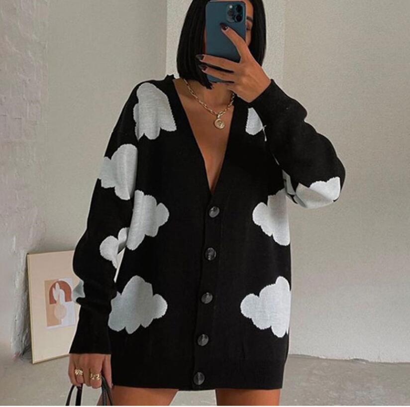 

Women's Sweaters for Designer Print Knitted Cardigan Oversize V-neck Elegant New puff Dress Long Sleeve Knitwear, Pink