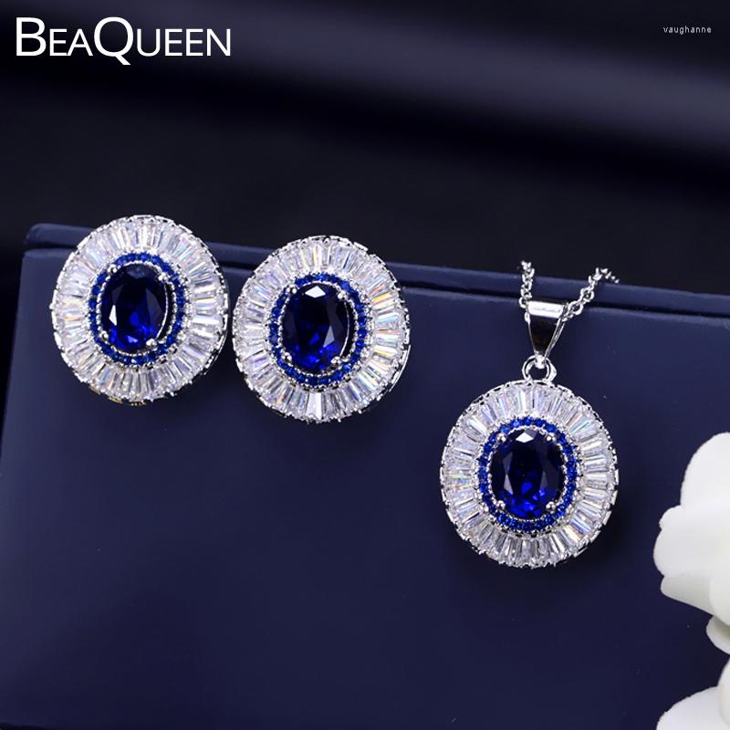 

Necklace Earrings Set BeaQueen Classic Dark Blue Oval Cubic Zirconia Baguette Crystal Round Earring And Pendant Women JS065, Picture shown