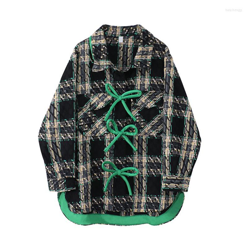 

Women's Wool Women's & Blends Plaid Woolen Coat Autumn Winter Bow Knot Buckle Retro Loose Small Fragrant Style Tweed Blouse Women Long, Green