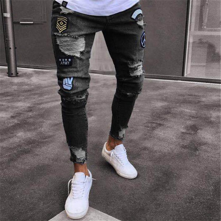 

2020 new Brand Designer Slim Fit Ripped Jeans Men Hi-Street Mens Distressed Denim Joggers Knee Holes Washed Destroyed Jeans272b, Grey