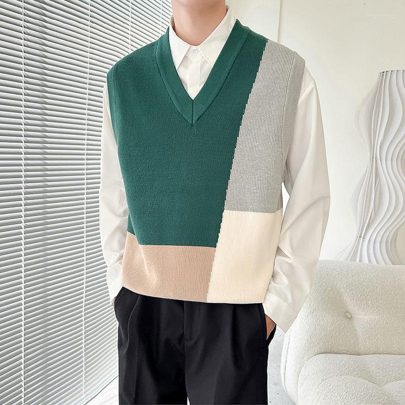 

Men's Vests 2022 Winter Men's V-neck Plaid Stitched Knitting Sleeveless Vest Pullover Sweaters Fashion Trend Coats Clothing Size -2XL, Black