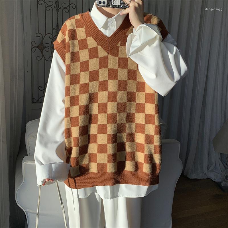 

Men's Vests Autumn Plaid Sweater Vest Men Warm Fashion Casual Knit Pullover Korean Loose V-Neck Sleeveless Mens Jumper Clothes, Black