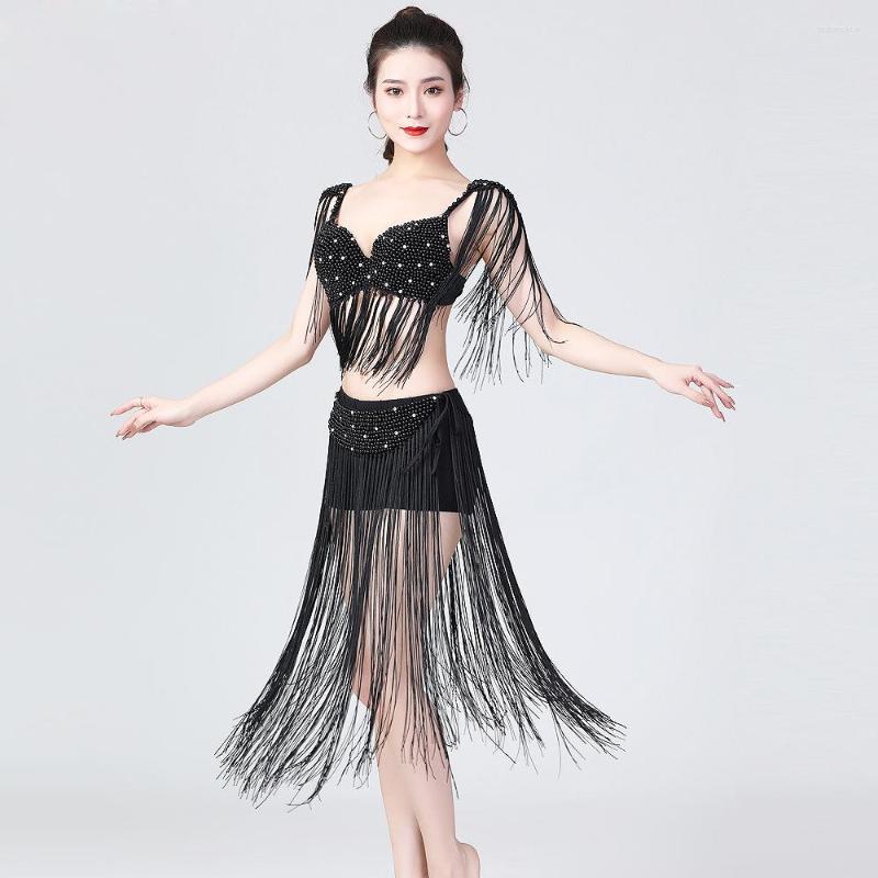 

Stage Wear Girls Dancing Clothes Tassels Party Outfit Nightclub DJ Beads Belly Dance Costume Bra Belt With Long Fringes, Black