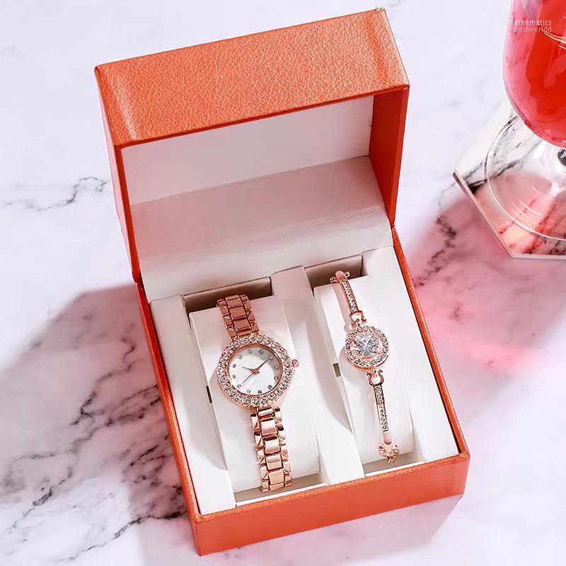 

Wristwatches 2022 Women Bracelet Watches Steel Belt Rhinestone Quartz Wrist Watch Luxury Fashion Set For, Silver