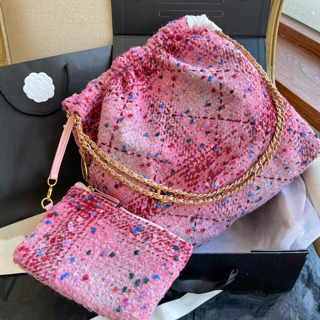 

Women Fashion Designer Luxurys Tweeds Tote Bag Patchwork Original Hardware Commuter bags Chain Atmosphere Stylish Shopping Swagger Languor Coin Purse Handbag 002, Pink