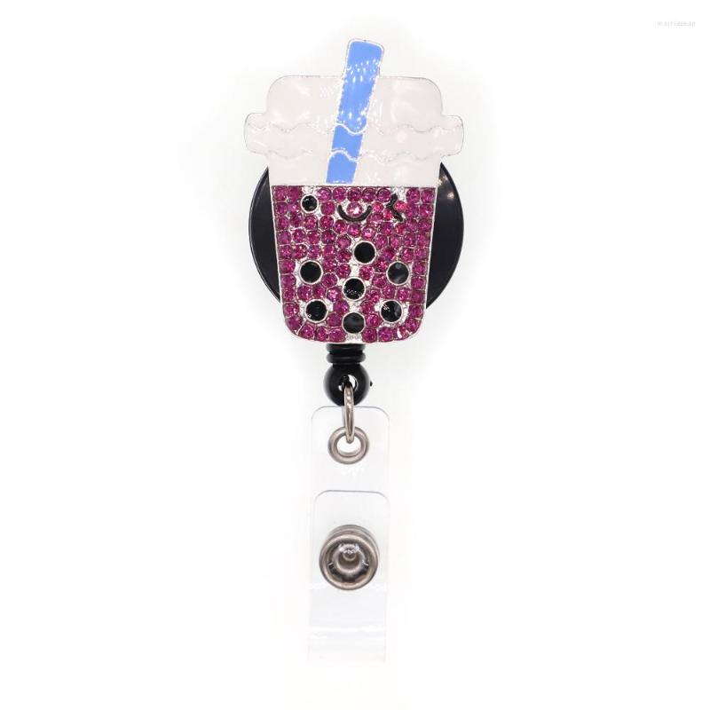 

Brooches Bling Rhinestone Enamel Milk Tea Retractable ID Badge Holder Reel For Waitress Students Accessories