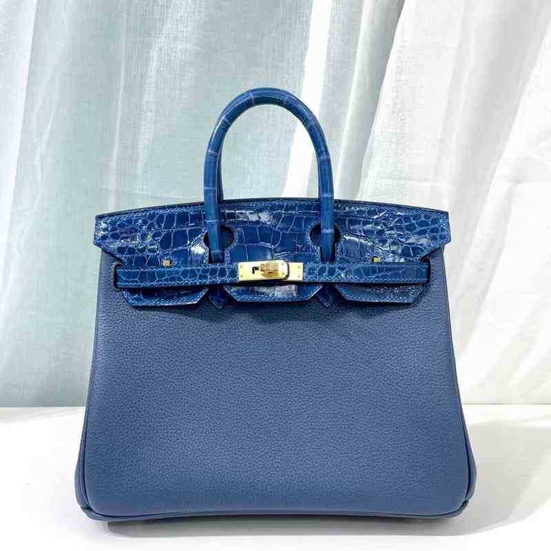 

Herme birkins bags crocodile skin Luxury Designer totes Handmade portable women's bag touch black Togo high gloss Nile skin, Sky blue