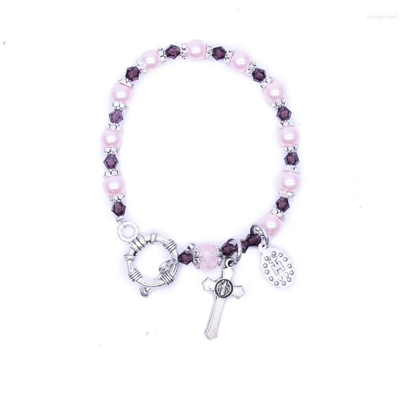 

Strand QIGO Pink Pearl Bracelet Crystal Cross Charm Rosary Religious Jewelry