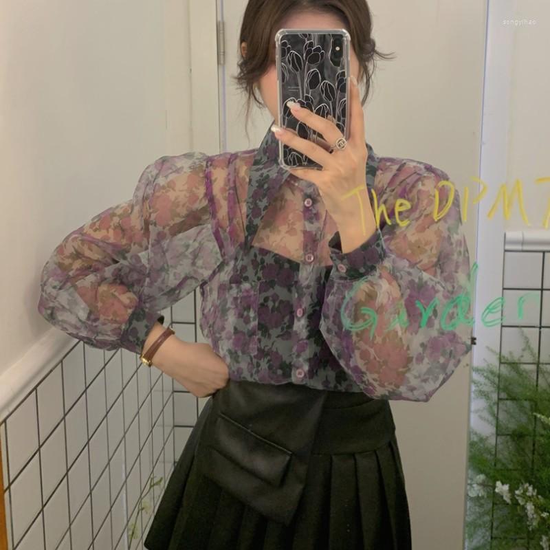 

Women's Blouses 2022 Women's Korean Lantern Sleeved Shirt Lady Sexy Perspective Flower Chiffon Casual Loose Top Female, Photo color