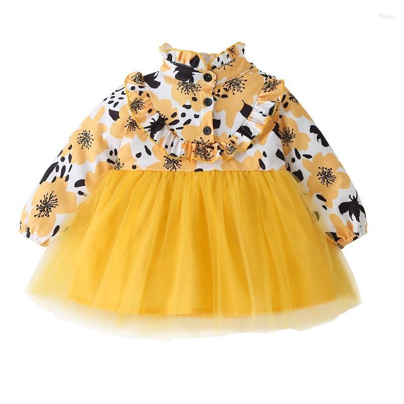 

Girl Dresses Girl's Summer Girls' Dress Long Sleeve Floral Print Mesh Fashion Baby Birthday Party 1st For GirlGirl's, Yellow