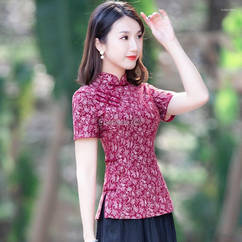 

Ethnic Clothing 2022 Chinese Style Improved Short Cheongsam Top Sleeve Retro Slim Cotton Linen Flower Pirnt Women Blouse G465