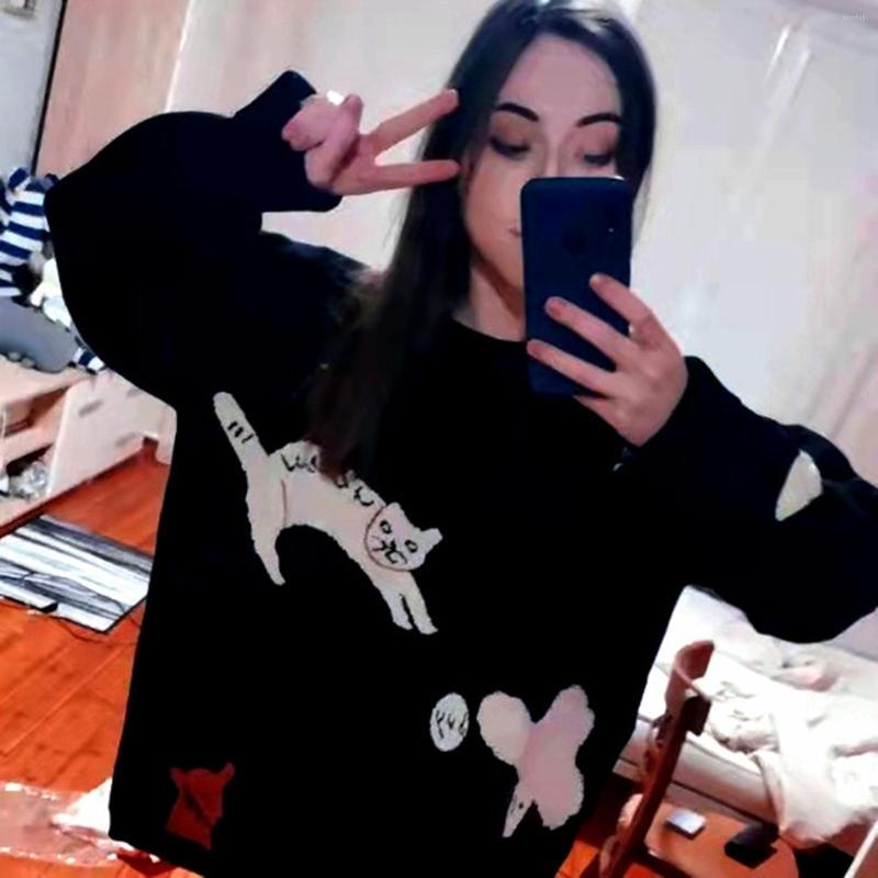 

Women's Sweaters 2022 Women Crew Neck Loose Casual Long Sleeve Cartoon Animal Print Knit Pullovers Winter, Black
