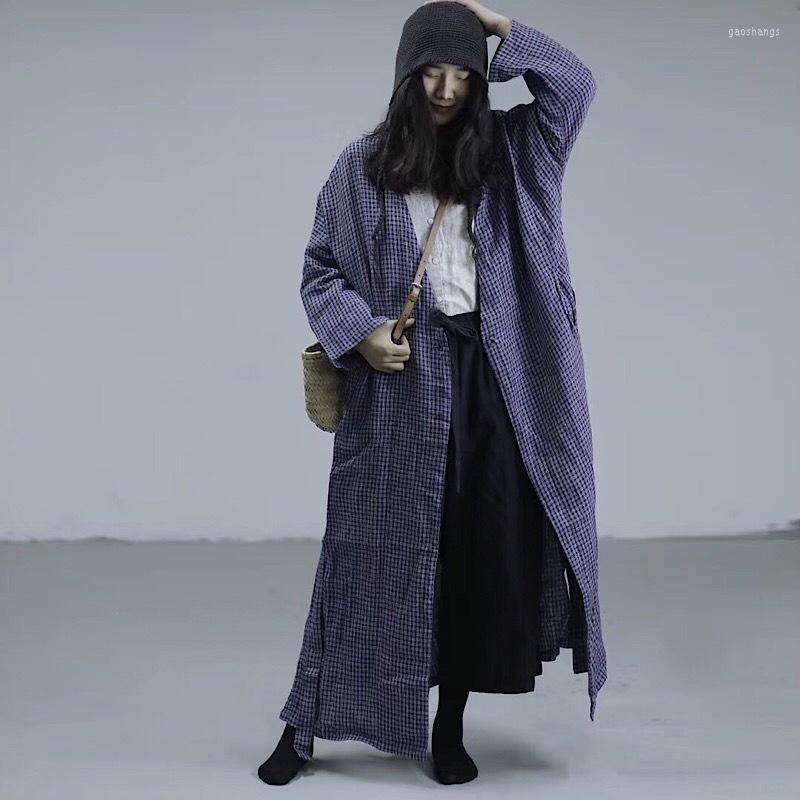 

Women's Trench Coats Johnature Women Plaid Bandage Vintage Loose Linen 2022 Autumn Japan Style Female Clothes Chinese Women's, Dark gray