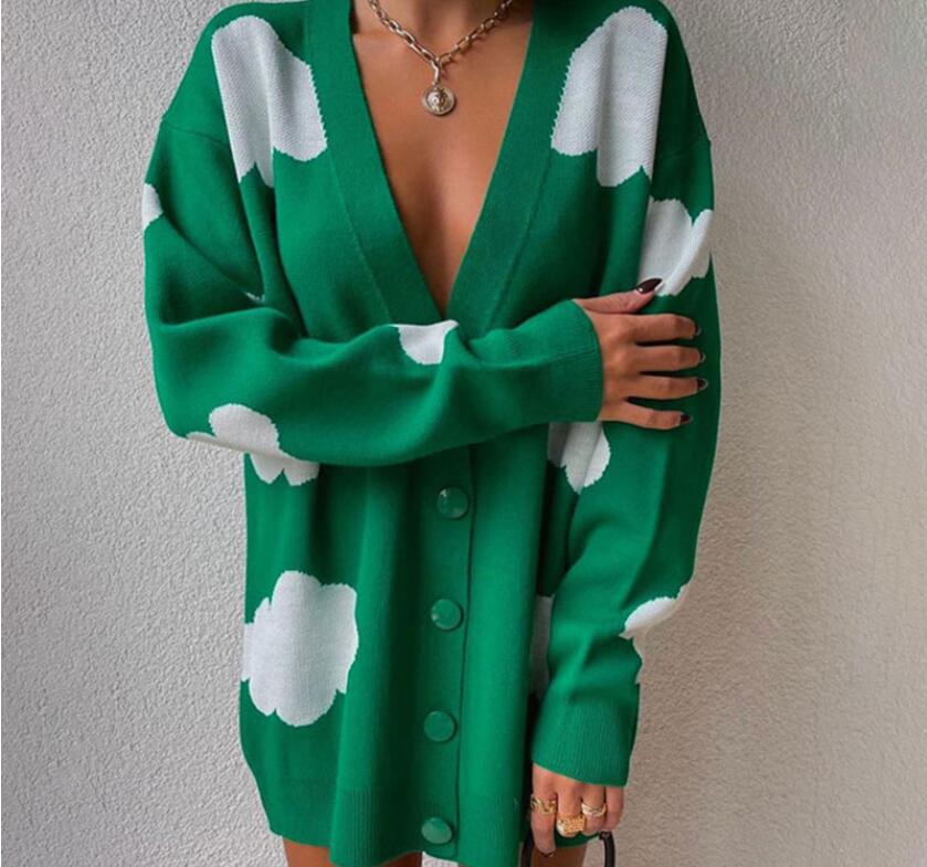 

Print Knitted Women Sweater Cardigan Oversize V-neck Elegant Autumn Ladies puff Dress New Long Sleeve Knitwear, Black