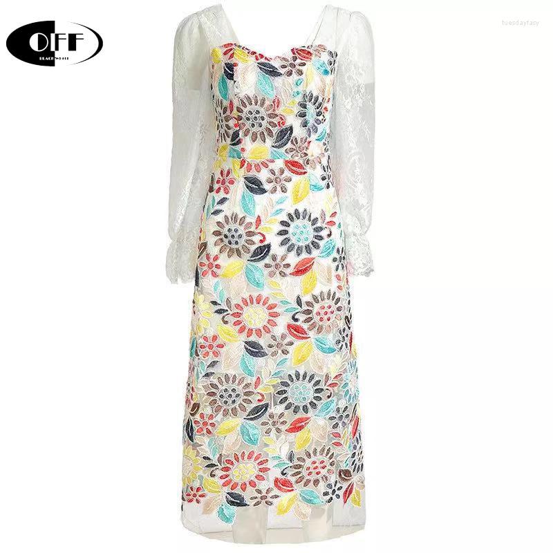 

Casual Dresses Spring Designer Midi Dress Lace Long Flare Sleeve Flower Embroidered Elegant Square Collar Party Lady Clothes Female, Picture shown