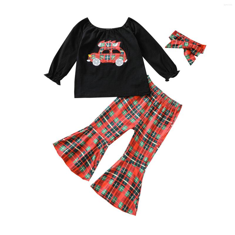 

Clothing Sets Infant Kids Baby Girls Christmas Clothes Set Car Embroidery Long Sleeve O-neck Tops Plaid Print Trousers Headband, Picture shown