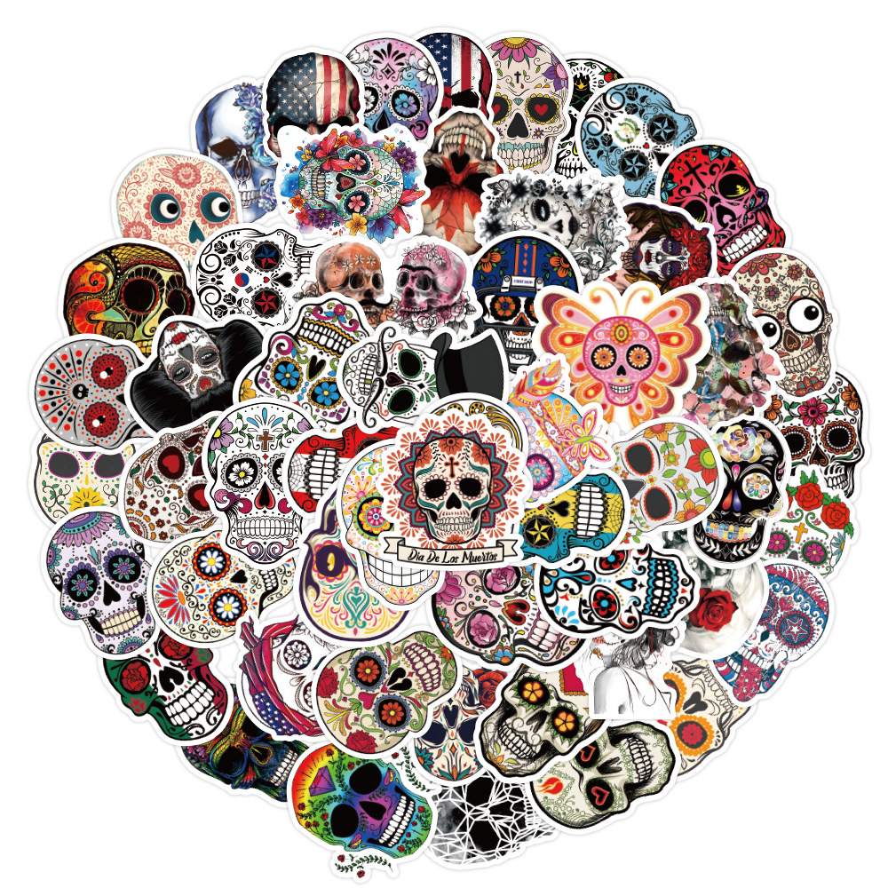 

50PCS Skull Vinyl Stickers Waterproof for Water Bottle Sugar Skulls Decal Dia de Los Muertos Mexican Day of Dead Sticker for Laptop Travel Luggage Skateboard, Multi colors