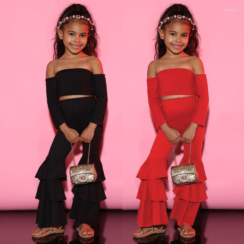 

Clothing Sets 2 Piece Set Baby Girls Outfits Fashion Streetwear Off The Shoulder Shirt Flare Pants Bell Bottoms Layered Ruffles 1 To 7 Yrs, Black