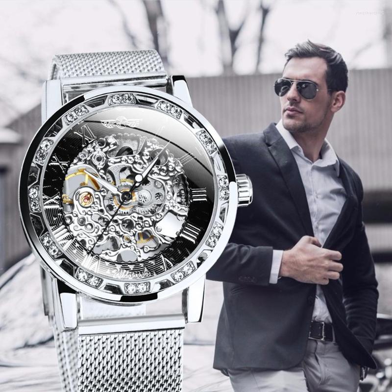 

Wristwatches Fashion Carved Skeleton Men Watches Silver Top Mechanical Ultra Thin Mesh Strap Crystal Iced Out Ladies, Gold