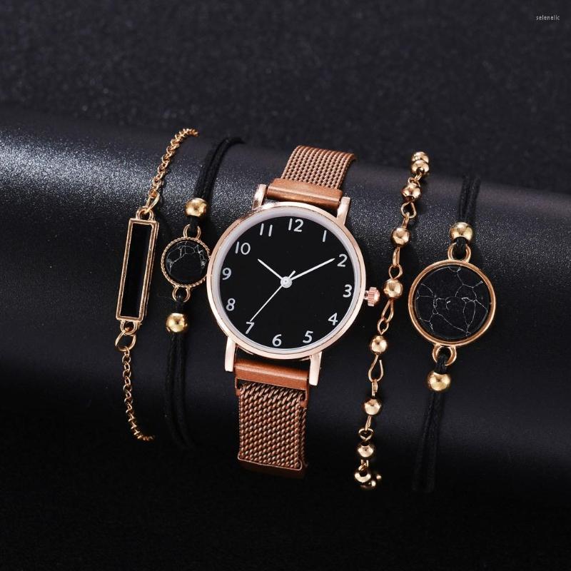 

Wristwatches Fashion 5PCS Set Watch For Women Luxury Magnet Buckle Rose Gold Ladies Bracelet Quartz Wrist Gift Drop, Leather set blue
