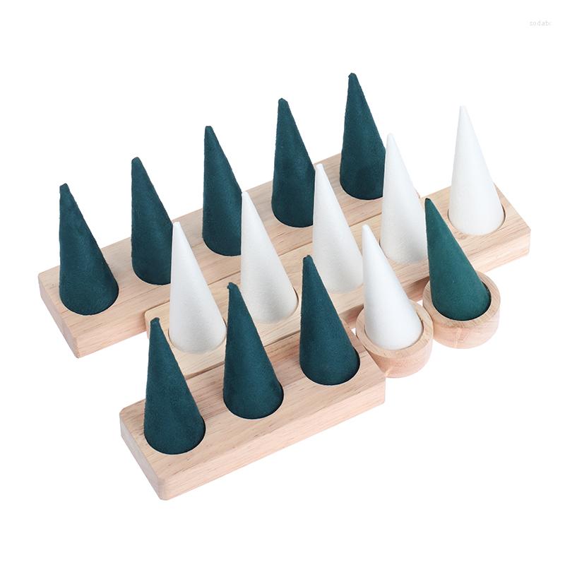 

Jewelry Pouches 2022 Natural Wooden Cone Shape Finger Ring Stand Display Holder Showcase Stands Rings Bracelet Tray