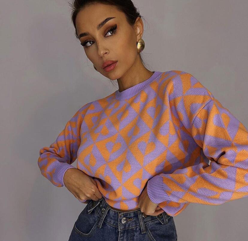 

Printed Knit Women Sweater Pullover O-neck Fashion Check Autumn Female Thick Sweaters 2022 New Vintage Long Sleeve Tops Jumper, 01