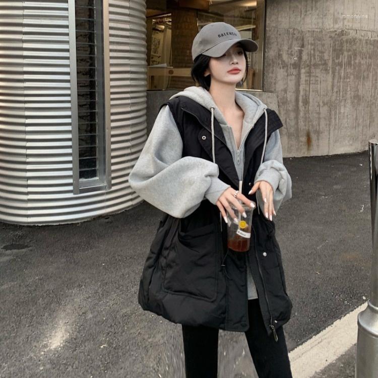 

Women's Trench Coats Fake Two Piece Cotton Jacket Women's Hoodie Medium Long Loose Sleeve Design Sense Splicing Thickened X281, Black