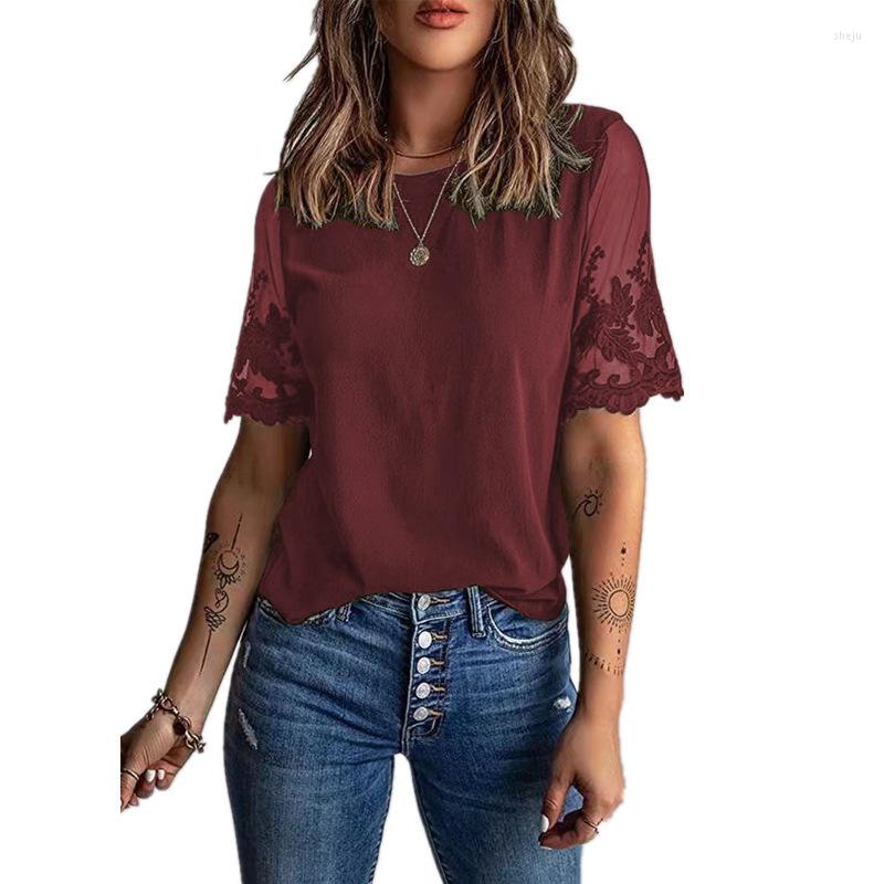 

Women's Blouses 2022 Summer European And American Large Women's Wear Round Neck Short Sleeve Fashion Casual Top Lace Chiffon, White