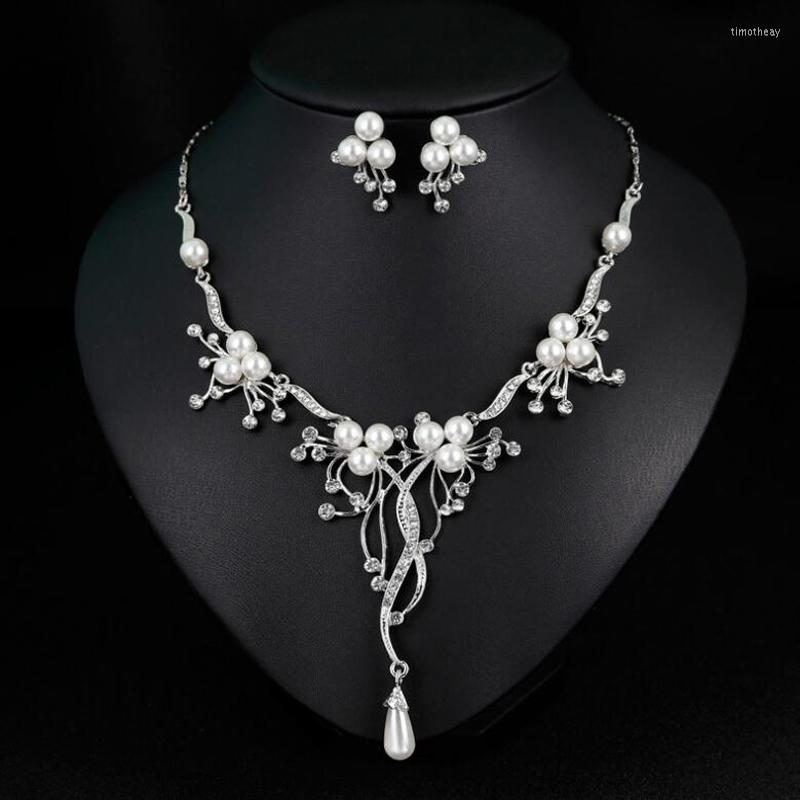

Necklace Earrings Set 2pcs/set Rhinestone Pearl Wedding Jewelry Women Bridal Women's Party, Picture shown