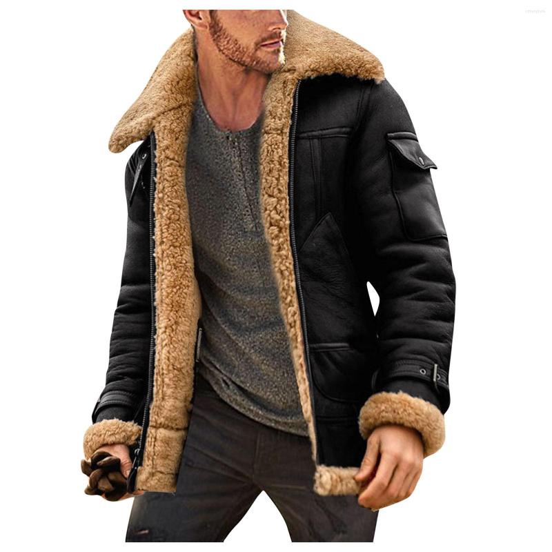 

Men' Jackets Winter Coat Men Faux-Fur Lapel Collar Long Sleeve Padded Leather Jacket Vintage Windproof Warm #40, Black