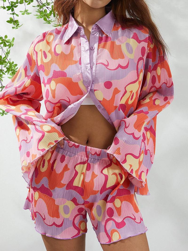 

Women' Tracksuits Women Two-piece Suit Flower/ Irregular Printing Long Sleeve Shirt And Straight-leg Shorts Casual Loose Outfits, Black