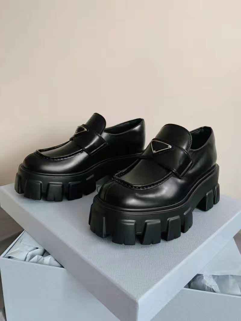 

Brand designer Dress shoe Lady flat Brushed leathers monolith loafer shoes Black Leather women Luxury oxfords Platform dress party wedding with box