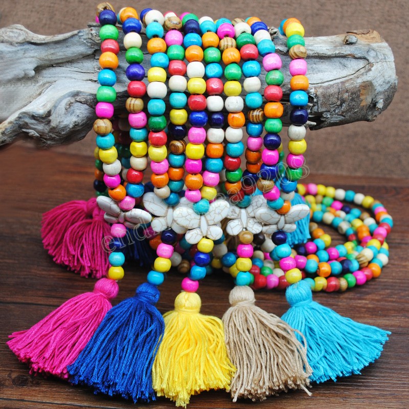 

Ethnic Colorful Rainbow Wood Sweater Chain Necklace Women Long Tassel Turquoises Stone Butterfly Pendant Necklace Boho