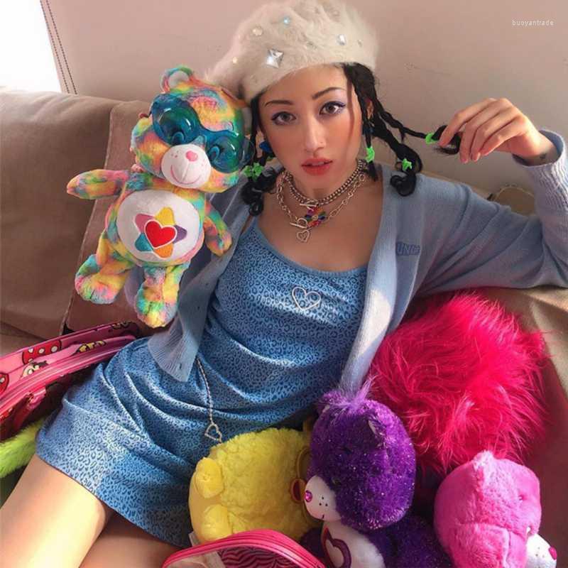 

Casual Dresses Cute Blue Mini Dress Leopard Print Bodycon Spaghetti Strap Backless Sexy High Waist Streetwear Summer 2022