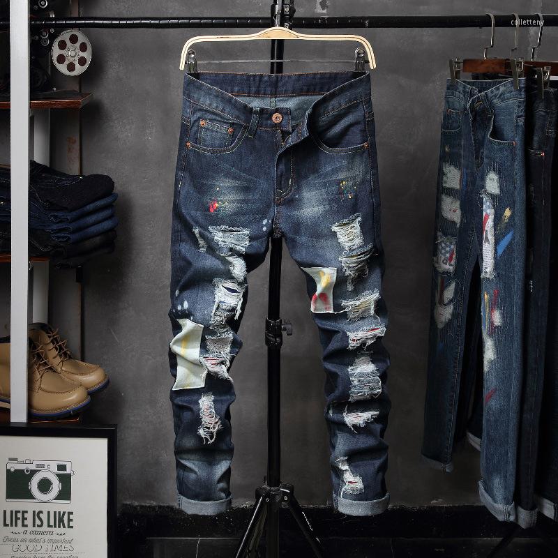 

Men's Jeans Mens Slim Fit Dark Blue Stretch Spring And Autumn Men's Hole Trousers Pants Casual Personality Fashion Brand 2022, Deep blue