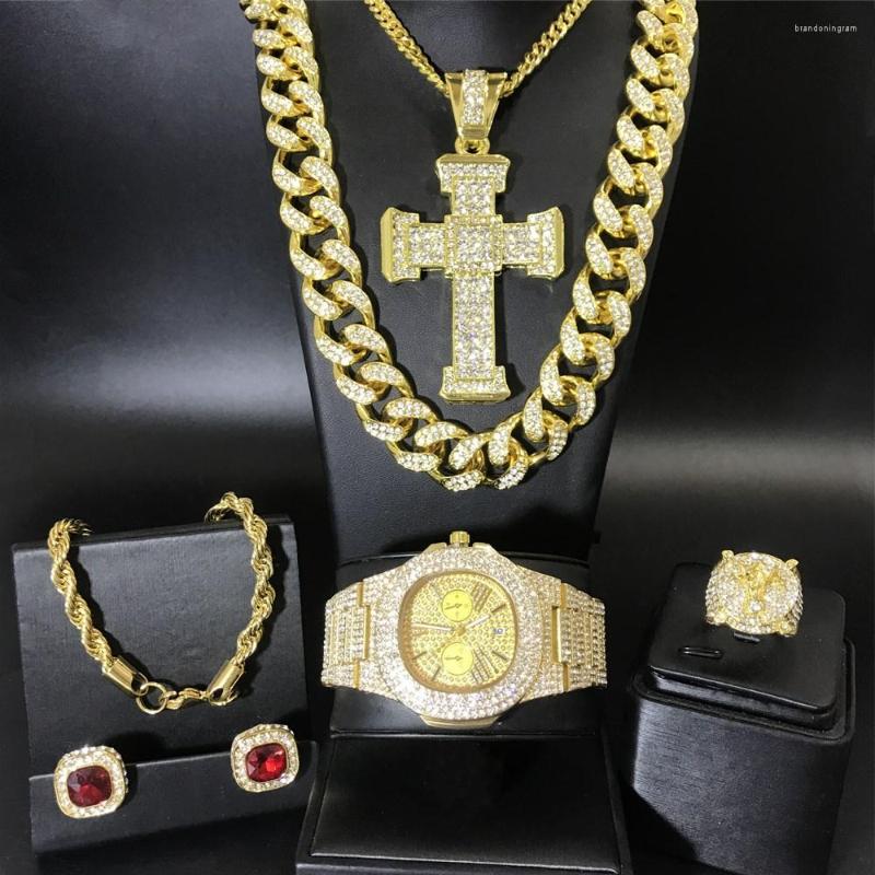 

Necklace Earrings Set Luxury Men Gold Watch & Braclete &Ring &Earrings Combo Out Cuban Crystal Miami Chain Hip Hop For, Picture shown