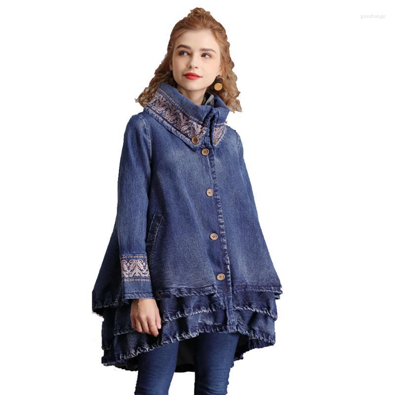 

Women's Trench Coats Vintage Style Stand Collar Winter Thick Cotton Lining Layer Laps Denim Coat Single Breasted Embroidery Clothing FS1041, Blue