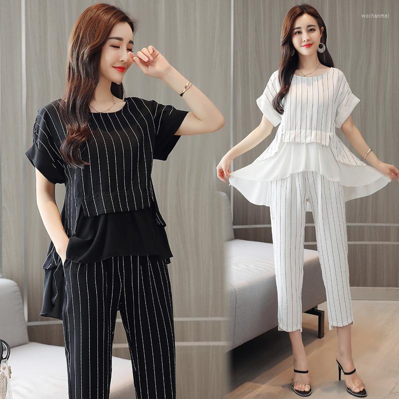 

Women's Tracksuits Summer Clothes Women Large Plus Size 5XL Sports Suit Top And Pant Two Piece Sportwear Tracksuit Matching Set Stripe Home, Black