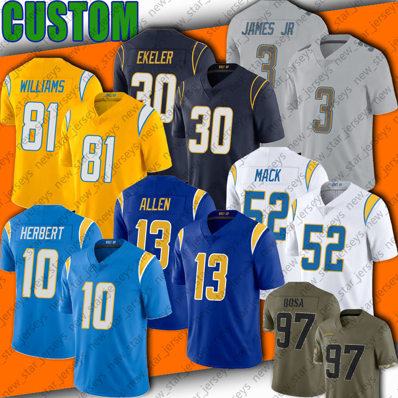

10 Justin Herbert Football Jersey Austin Ekeler Mike Williams Josh Palmer Khalil Mack Derwin James Jr Jerseys Los Angeles Chargers Samuel Joey Bosa Drue Tranquill, Man custom jersey (sd)