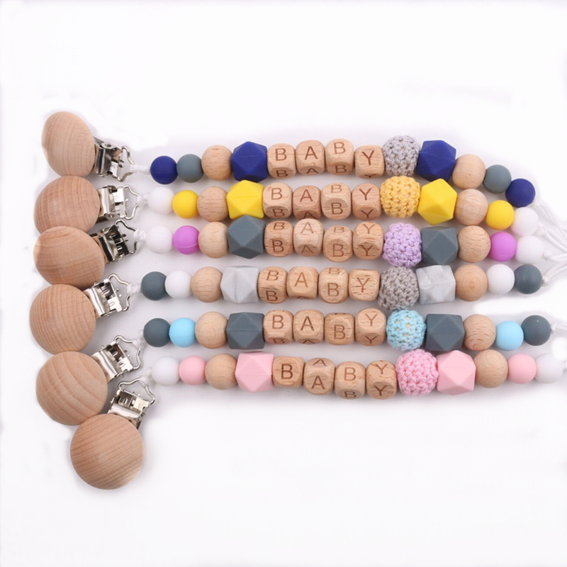 

INS Silicone Wooden Bead Baby Pacifier Clips Child Dummy Pacifier Clip Chain Letter Beads Nipple Holder Nursing Teething Gifts Infant Toys