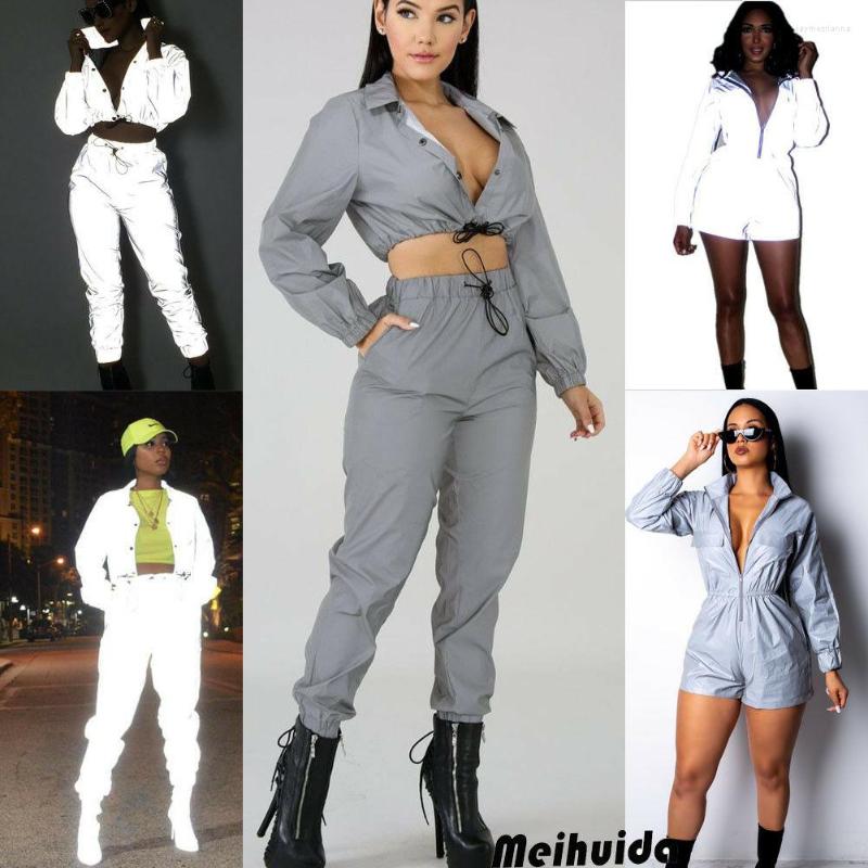 

Women' Tracksuits Women Fashion Reflective Material Clothes Sets Zipper Long Sleeve Top Casual Club Movement Jumpsuit 2pcs, Jumper
