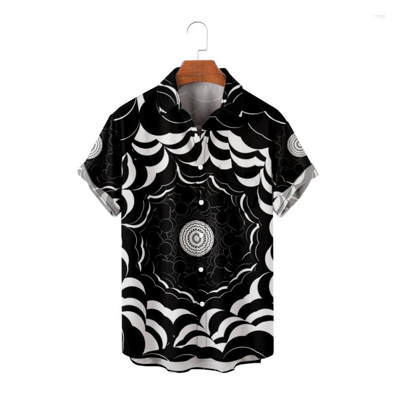 

Men's Casual Shirts Black White Chinese Style Flower Print Short Sleeve Shirt Harajuku Streetwear Men Hawaiian Summer Hip Hop Button Up