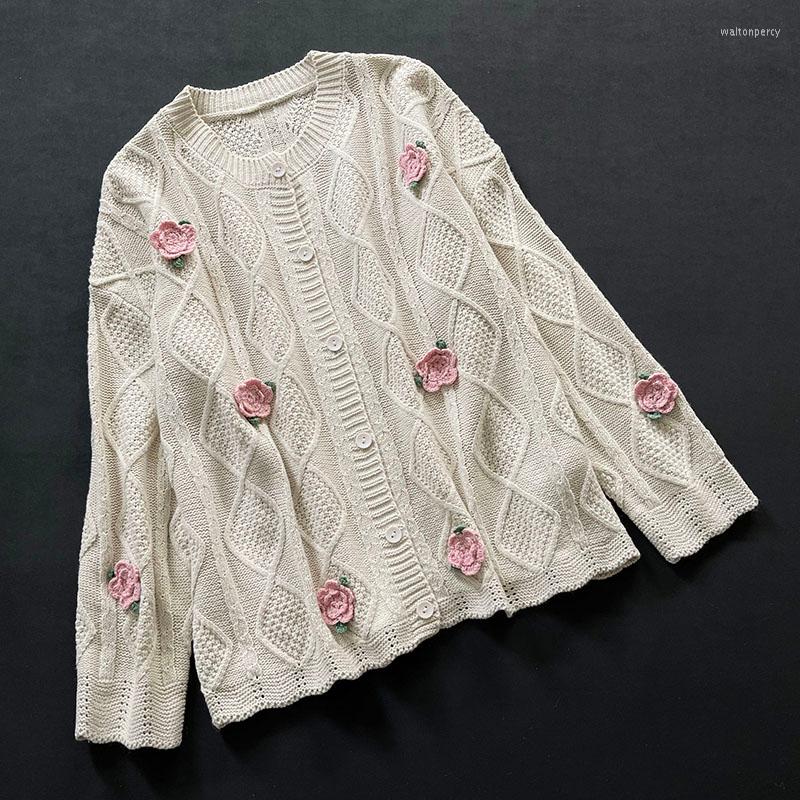 

Women's Knits Sweet Long-sleeved Sweater Coat Autumn Female Loose Flowers Knitted Cardigan 50756, Beige