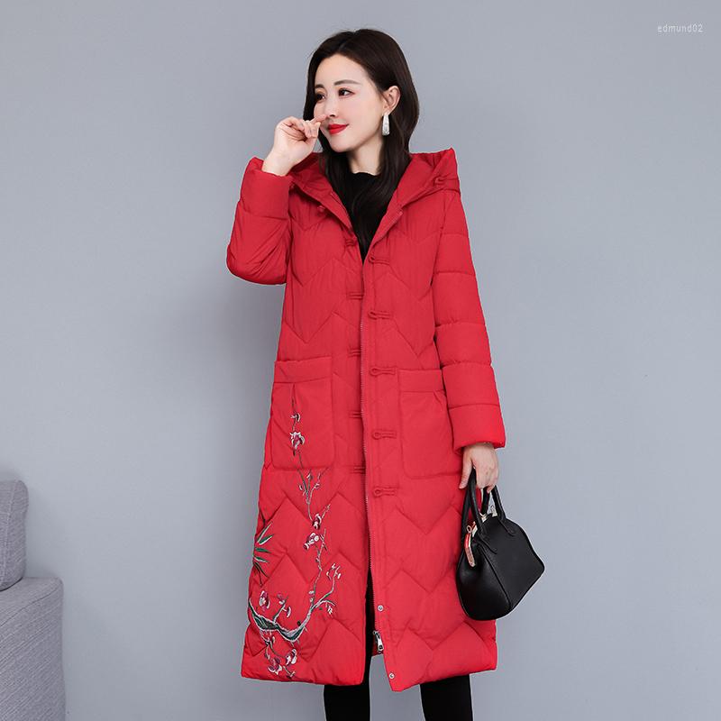 

Women's Trench Coats National Wind Cotton Coat Long 2022 Women's Winter Clothing Retro Disc Button Down Padded Jacket Embroidered, Black