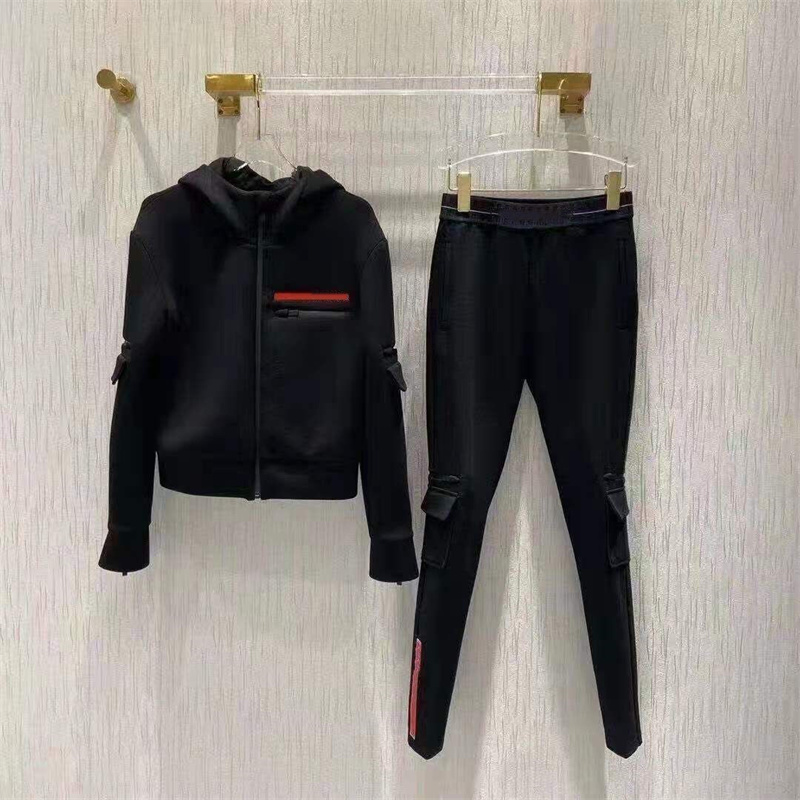 

Women's Two Piece Pants P Home Hoodie Suit Hoodie Jacket Chest Classic Color Logo Decoration Simple Design Style, Black