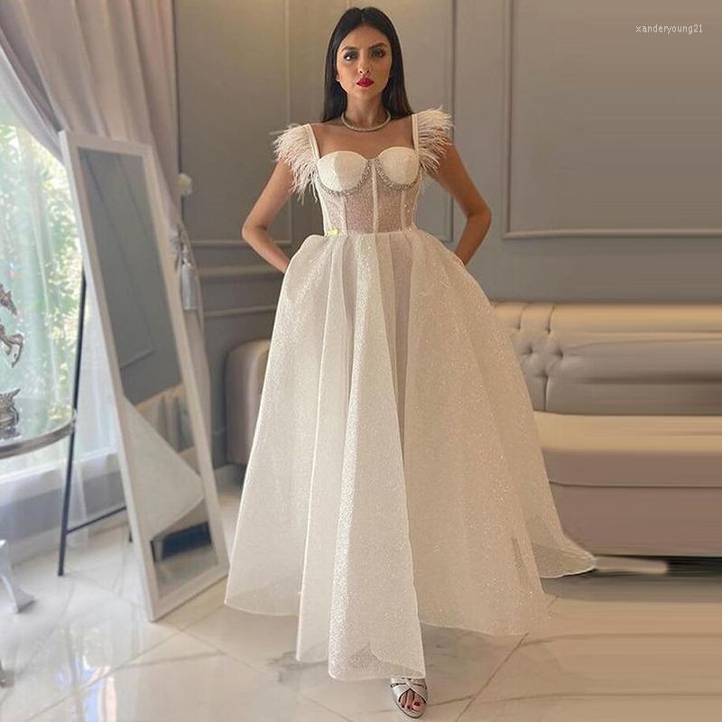

Party Dresses Glitter White A Line Prom Feather Sleeves Sweetheart Ankle Length Saudi Arabic Women Evening Gowns